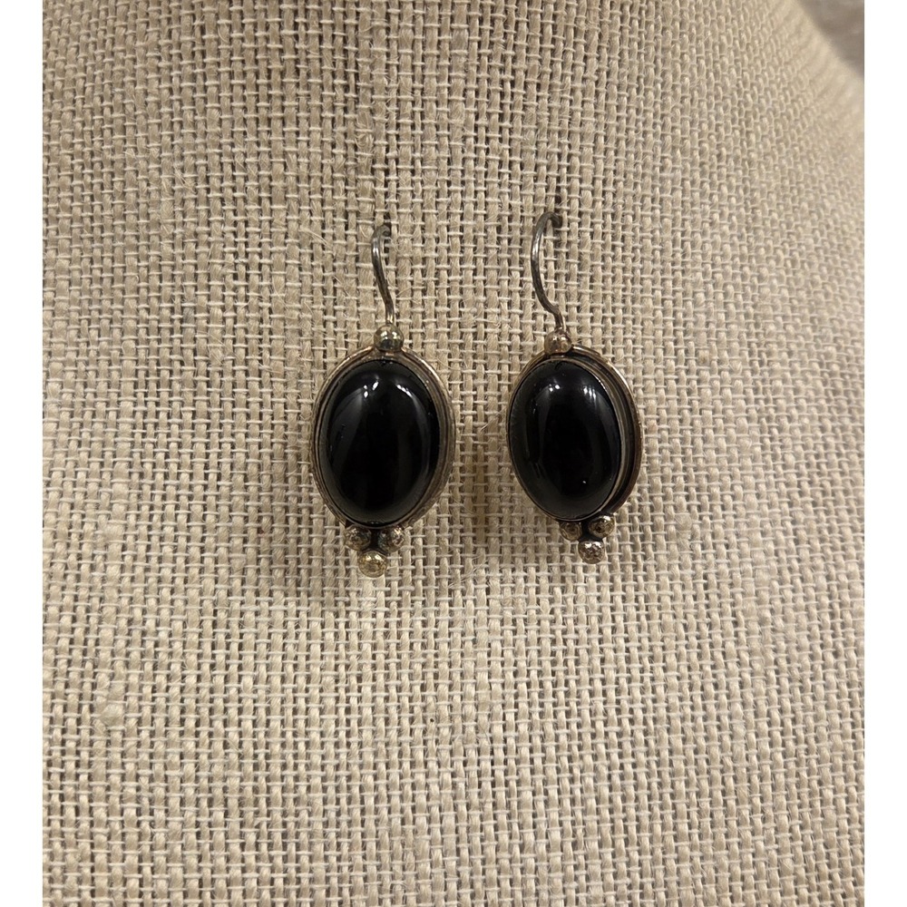 Vintage Sterling Silver Black Onyx‎ Dangle Earrings 925